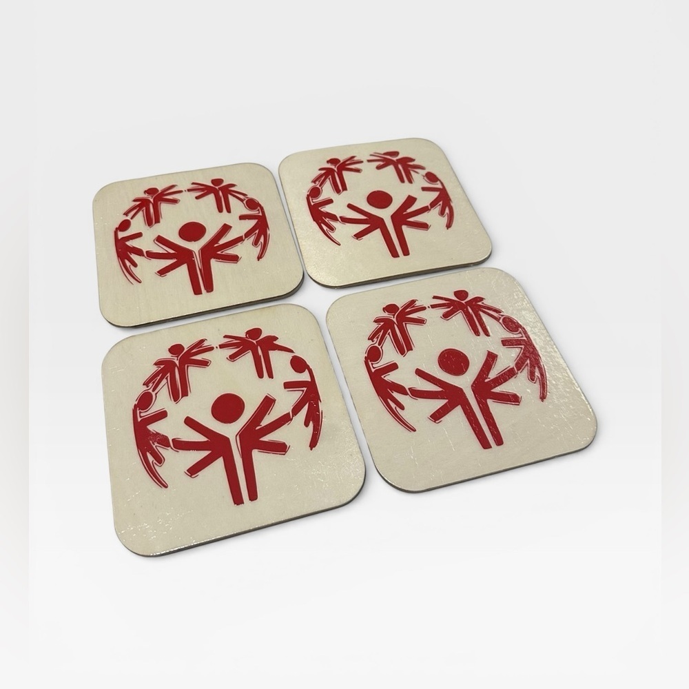4 Special Olympics Wood and Red Drink Coasters Large